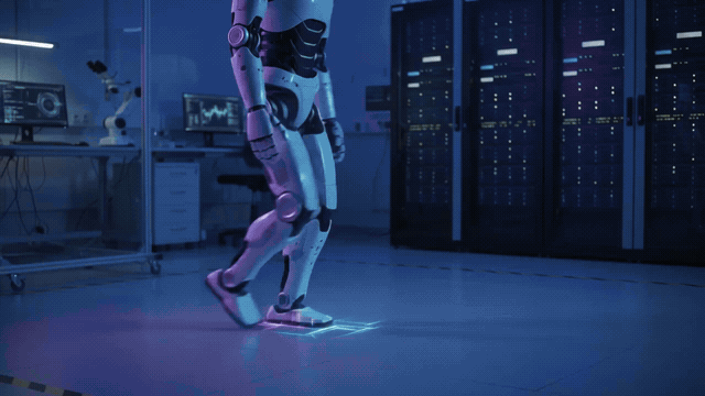 An industrial robot arm working alongside a factory worker, its safe operating envelope traced over it in real time.